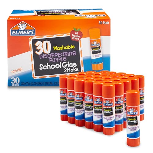 Elmer's Disappearing Purple School Glue Sticks - 30 Pack, 7g, Washable, Safe for Classroom & Crafts