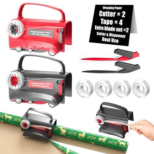 (2-Pack) Wheel Wrapping Paper Cutter & Tape Dispenser with 4 Tapes£¬2 Replace Blades Kit for Christmas Gift Wrap Cutter Tool Paper Roll Holder Tube Sliding Slicing for Birthday Holiday.