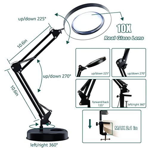 Magnifying Glass with Light and Stand, 10X Magnifying Lamp, 2-in-1 LED Lighted Desk Magnifier with Light, Craft Light Lamp with 3 Color Modes for Close Work Reading Repair Crafts