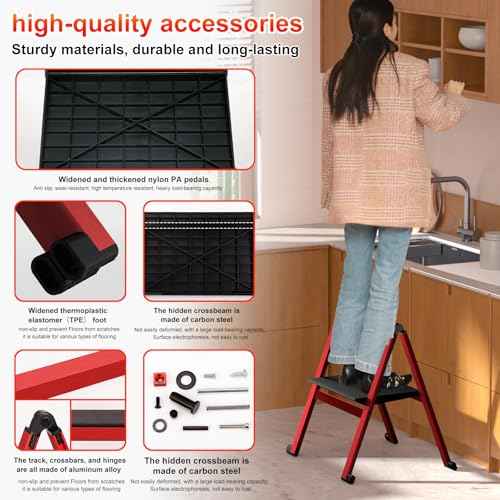 Folding Step Stool,Aluminum Ultra Thin Stool,400 Lbs Capacity Heavy Duty with Anti-Slip Sturdy and Wide Pedal,Closet Step Ladder for Home,Kitchen,Office and Dorm Bed (Red)
