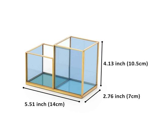 FONDAZZA Set of 2 Gold Desk Organizers for Home Office Supplies, Gold Brass and Blue Glass, 1 Each of 5-Compartments and 2-Compartments, Storage for Stationery, Cosmetic, makeup tools and Brush.