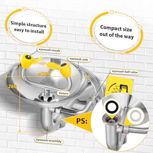 CGOLDENWALL Eye Wash Station Wall Mounted Eyewash Station Emergency Eye Face Washing Sink Plumbing Connection, NPT Thread, with Eyewash Sign, 304 Stainless Steel