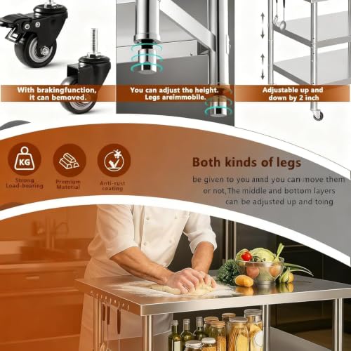 SALUISH 60" Stainless Steel Work Table with Fixed Legs & Swivel Casters, Adjustable Shelves