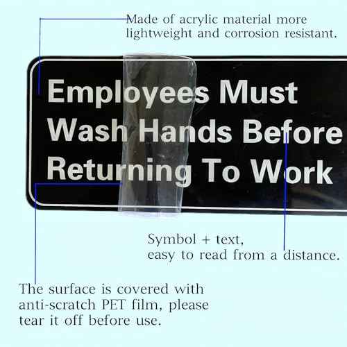 5 Pack Employees Must Wash Hands Sign,9 X 3 Inch Waterproof Acrylic Sign With Symbols,Self-Adhesive,Indoor/Outdoor Use for Hotels,Restaurants,Rest Areas,Salons,Public Restrooms