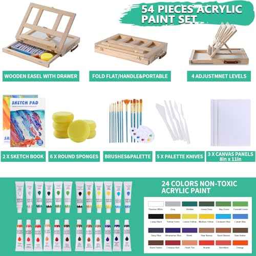 Wooden Tabletop Art Easel for Painting, 54 Pieces Starter Acrylic Paint Set with 24 Colors Acrylic Paints, Canvases, Sketch Pads, Brushes and Palette for Adults Teens Kids Beginners