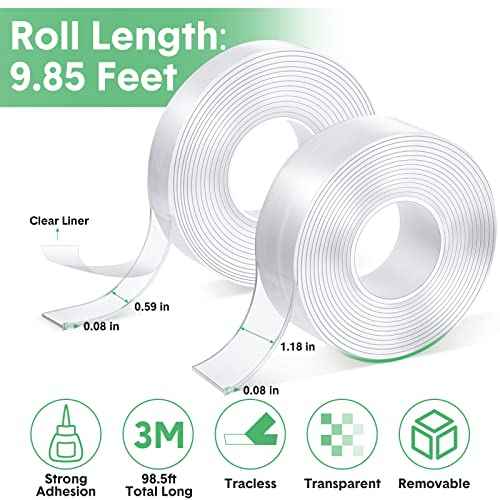 Thenshop 20 Rolls Double Sided Tape Heavy Duty 0.59 in + 1.18 in Total 98.5 ft Two Sided Adhesive Tape Transparent DIY Nano Tape for Wall Carpet Photo Car Posters Party Decoration