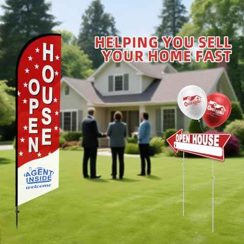 56 Piece Open House Signs for Real Estate Kit, 1 Open House Flag, 9 Double-Sided Estate Sale Arrows and Signs with Metal Stakes, Plus 24 Balloons, Suitable for Real Estate Brokerage Supplies (red)
