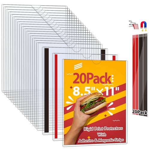 Magnetic Sign Holder 8.5 x 11 - Clear Plastic Frame for Refrigerator, Rigid Paper Holder for Picture Document, Adhesive Frames for Wall Window Door Sign 20 Pack