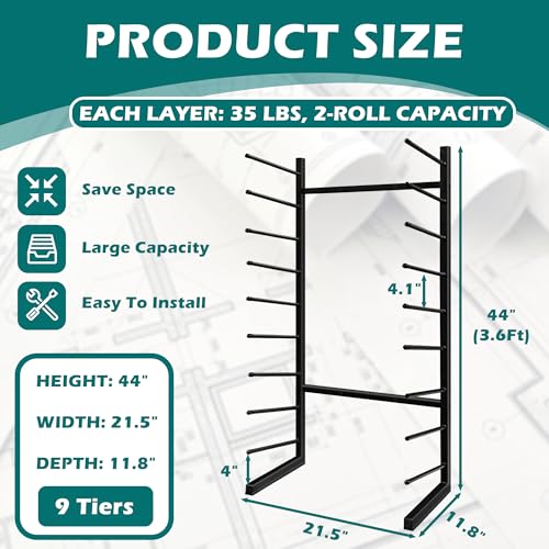 Royxen 9-Tier Blueprint Storage Rack Organizer,Heavy Duty Metal Blueprint Holder for Large Plans,Drawings and Maps Storage,Suitable for Construction, Art Print and Engineering(44¡°H x21.5 L x11.8 W)