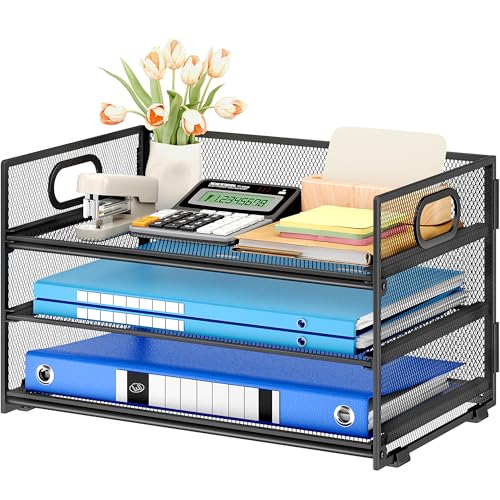 SUBEKYU 3-Tier Paper Letter Tray Organizer, Black Mesh Desk File Holder, 12.6x9.1x8.1 Inches