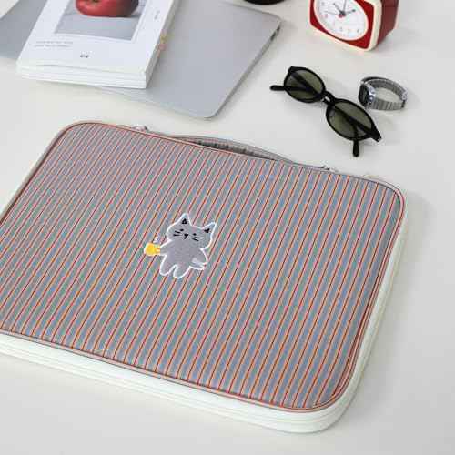 Stripe Kitty Laptop Pouch with Handle | Vintage-Inspired Fabric Cute Notebook Case Sleeve for Women (Blue x Red, 13 inch)