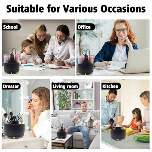 Black Desk Accessories, Rotating Pen Holder Set,Black Office Supplies with Stapler and Tape Dispenser Set, Gifts for Office Clerks,Student
