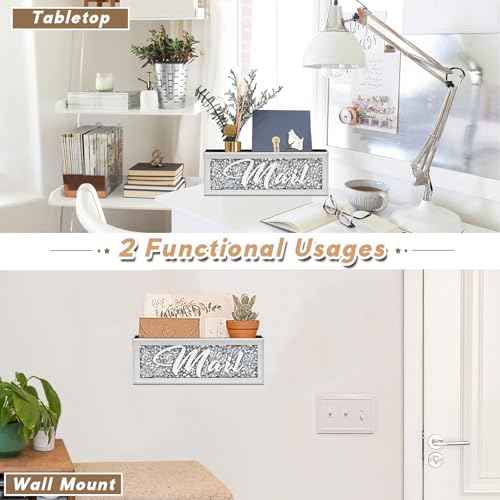 Crushed Diamond Mail Organizer, Crystal Mail Organizer Countertop, Mirror Letter Holder, Mail Tray, Mail Holder Box for Desk, Mail Holder for Wall