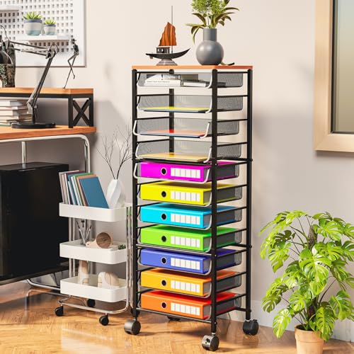 Simple Trending 12 Tier Rolling File Cart,Wood Desk File Organizer with Sliding Trays and Wetal Mesh Paper Letter Storage Multi-Functional Rolling Clutter Cart for Office, Home, School, Black
