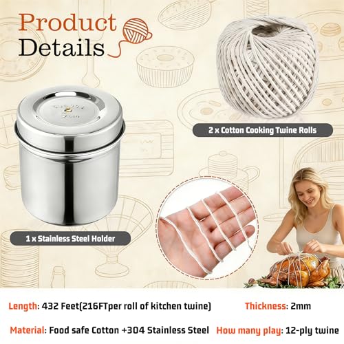 Kitchen Twine with Stainless Steel Dispenser – 2 Rolls, 12-ply Cotton Butchers Twine