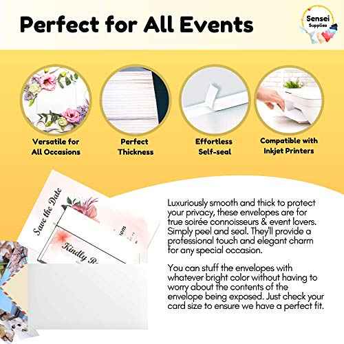 5x7 Envelopes for Invitations - 110 White Envelopes for 5x7 Cards - A7 - (5 ¨ù x 7 ¨ù inches) - Perfect for Weddings, Graduation, Baby Shower - 120 GSM - Peel, Press & Self Seal - Square Flap