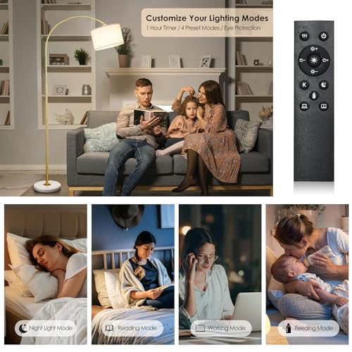 Arc Floor Lamp with Remote, Modern Standing Lamp for Living Room with Stepless Dimmable Bulb, Drum Shade, Foot Switch, Tall Floor Lamp for Farmhouse Bedroom Night Stand (Gold)