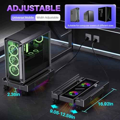 Computer Tower Stand with Charging Station, Cooler Fan and Light, Adjustable PC Stand for Floor, Mobile CPU Stand with 4 Caster Wheels, Under Desk CPU Holder Fits Most PC Tower