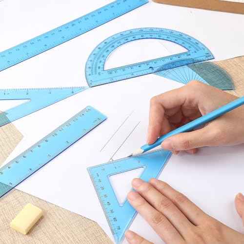 Tenare 1 Set Plastic Clear Math Set Includes Protractor Triangle Rulers 12 Inch 6 Inch Straight Geometry Math Transparent Ruler Measuring Tool for School Office Home Supplies(Blue)