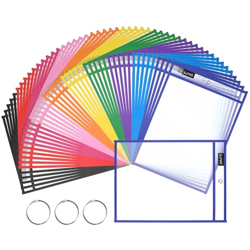 SUNEE 50 Packs Oversized Reusable Dry Erase Pocket Sleeves with 3 Rings, 10 Assorted Colors 10x14 Ticket Holders, Clear Plastic Sheet Protectors, Teacher School Classroom Supplies