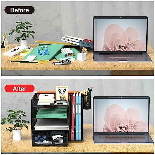 Desk Organizer with Hanging File Holder, Paper Letter Tray Organizer with Drawer and Pen Holder, Mesh Desktop Organizer and Storage for Office Supplies(Black)