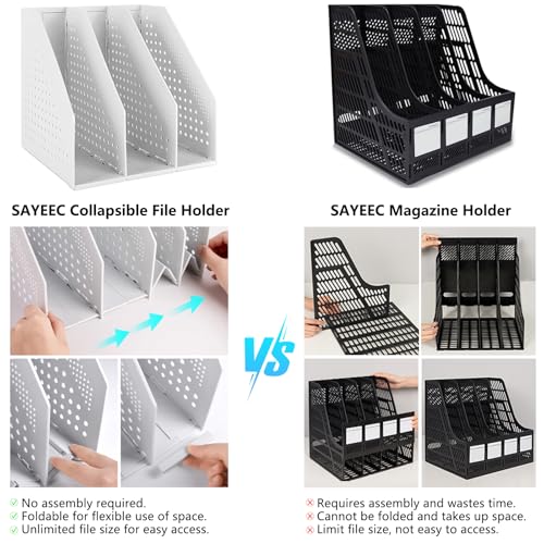 SAYEEC 2Pcs Collapsible Plastic Magazine File Holder Vertical Binder Storage Organizer for Desk Sturdy Upright Desktop Magazine Organizer Folder Rack for Office School Home (3 Compartments, Gray)