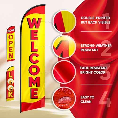 Open Flags for Businesses, Advertising Flags for Outside, Restaurant and House, Look, Welcome, Now Open Banner, Set of Three Feather Flag 12ft x 2.5ft (Pole not included)