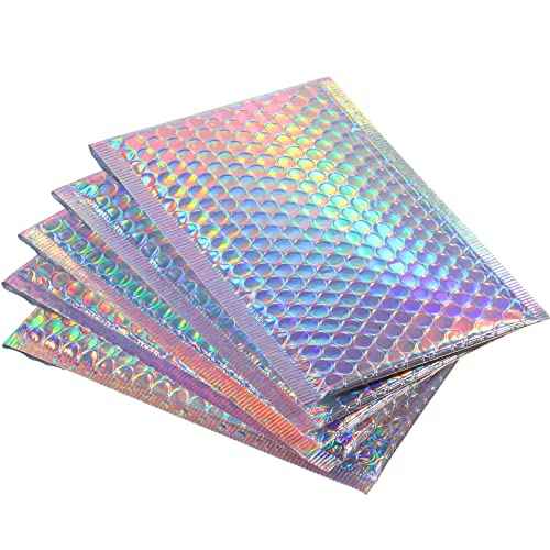 100 Pack Metallic Bubble Mailers 3 Sizes Holographic Padded Bubble Rainbow Poly Bubble Mailers Foil Bubble Padded Envelopes Adhesive Seal Closure Envelopes Shipping Bags for Mailing Packing
