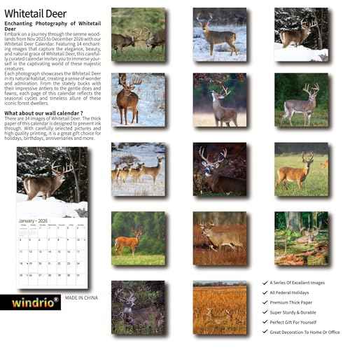 2026 Wall Calendar,Calendar 2026, November 2025 - December 2026, Wall Calendar Whitetail Deer, 12" x 24" Opened,Full Page Months Thick & Sturdy Paper for Gift Perfect Calendar Organizing & Planning