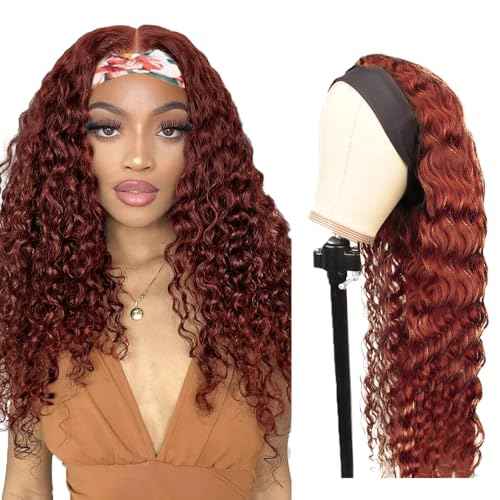 32 Inch #33 Reddish Brown Headband Wig Human Hair 150% Density Grade 8A Unprocessed Brazilian Virgin Hairs Machine Made Auburn Brown Water Wave Headband Wig Human Hair None Lace Front Wig