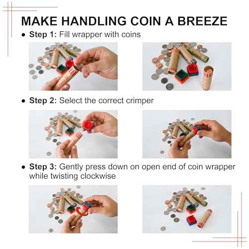 L LIKED 60 Assorted Coin Roll Wrappers with Color Coded Coin Wrapper Crimping Tool -(Quarters, Pennies, Nickels and Dimes)