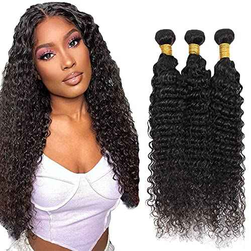 20 22 24 Inch Deep Wave Bundles Human Hair Bundles #1B Nature Black Deep Wave Bundle Unprocessed Brazilian Virgin Weave Hair 3 Bundle 50 Gram Per Bundle for Woman