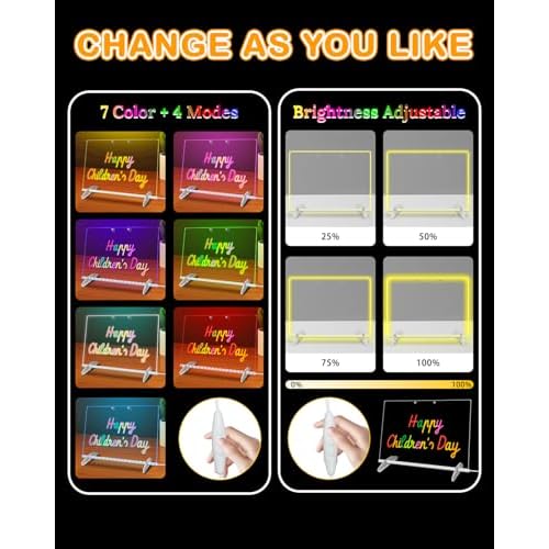 LED Note Board with 7 Colors - 13.8"x10" Acrylic Dry Erase Board with Light, 4 Modes Led Drawing Writing Board for Kids with 7 Marker Pen, Light up Message Board with Stand, Glow Rewritable Memo Board