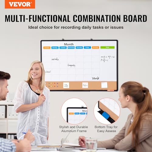 VEVOR 36"x 24" Monthly Calendar Whiteboard & Cork Board Combo with Aluminum Frame ? 2-in-1 Magnetic Dry Erase Bulletin Board for Wall Mount ? Ideal for School, Home, Office