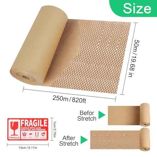 Honeycomb Packing Paper Roll - 19.68'' x 820ft, 200 Fragile Stickers Included | Wine Box, Artwork & Glassware Protector | Heavy-Duty Cushioning Wrap for Shipping, Moving & Gift Packaging