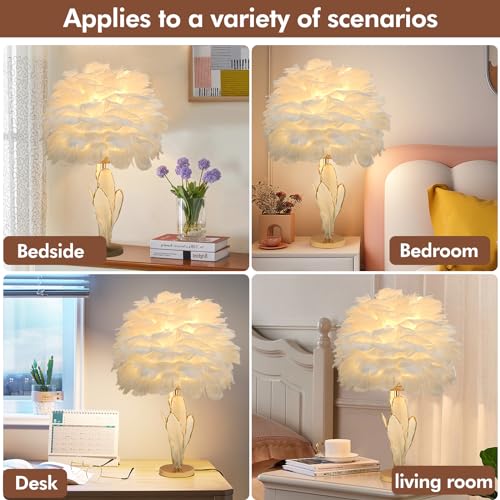 Chic White Feather Lamp Creative Furry Table Lamp Modern Feather Desk Lights Romantic Princess Bedside Nightstand Light for Teen Girls Bedroom Decoration Living Room Wedding Kids Room