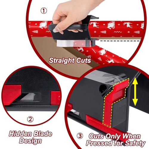 Wrapping Paper Cutter & Tape Dispenser? Dual-Use Gift Wrap Tool with 4 Tapes & 2 Replacement Blades ? Paper Roll Holder for Christmas, Birthday, Holiday ? Sliding Slicing Tube Design (2-Pack)