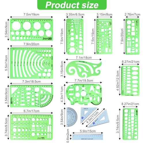 15PCS Geometric Drawings Templates,Transparent Green Plastic Ruler, Drafting Stencils Measuring Tools, Measuring Geometry Rulers for Office, Studying