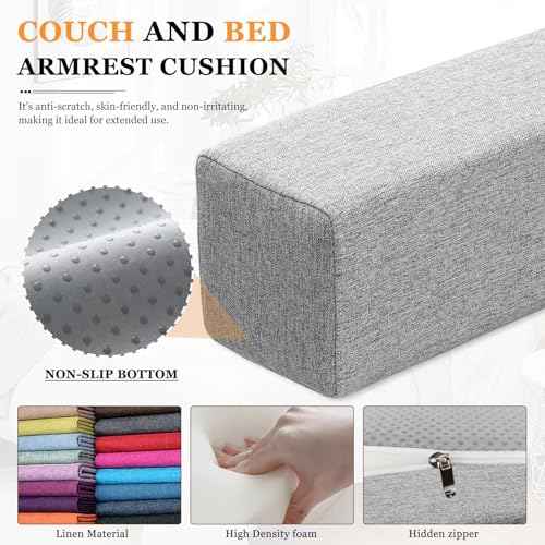 Couch Arm Rest Pillow, Linen Armrest Cushion, High Density Foam Armrest Cushion, Removable & Washable Rectangular Headboard Elbow Support for Armchair Sofa Bed,Beige-2pcs,7.9x7.9x19.7