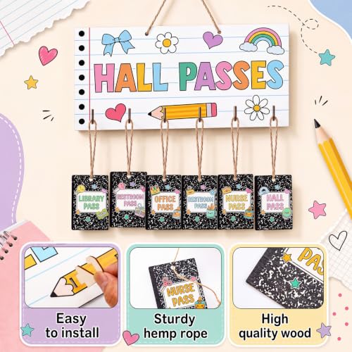 Mooliwe Classroom Hall Passes Set - Pastel Wooden Sign & Student Passes
