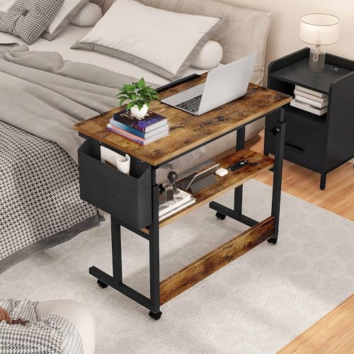 DWVO Height Adjustable Drawing Desk with Charging Station & Wheels, Rolling Craft Table with Tilting Top and Storage Bag, Small Standing & Sitting Laptop Computer Desk (Brown)