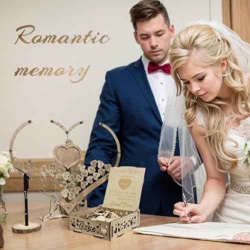 Wedding Guest Book Alternative, Rustic Heart Shaped Wooden Guest Book with 100 Wooden Hearts Tree for Wedding Party Birthday, Personalized Wedding Decor with Guest Sign-In Box & Heart Frame for Photo