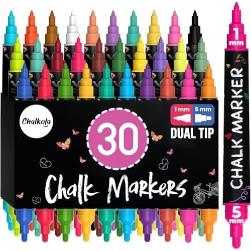 Chalkola Dual Tip Liquid Chalk Markers for Blackboard - (30 Pack, 1mm Fine Tip +5mm Bold) | Wet Erase, Erasable Chalkboard Markers, Chalk Pen for Signs, Car Windows, Wall Calendar, Glass, Board