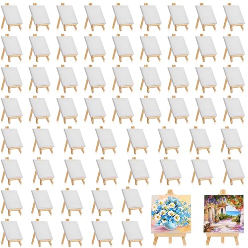Mimorou 32 Pack 6 x 6 Inch Mini Canvases with Easel Sets Operation Christmas Items Gifts for Painting Small Art Stretched Canvases Panels Pack with Wood Display Easel for Kids Classroom Crafts