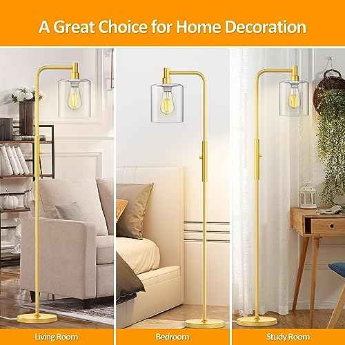 Stepless Dimmable Floor Lamps with Glass Lampshade Modern Standing Lamps with 6W LED Bulb Bright Corner Lamp Tall Pole Lamps for Living Room Bedroom Office Study Room Farmhouse, Gold