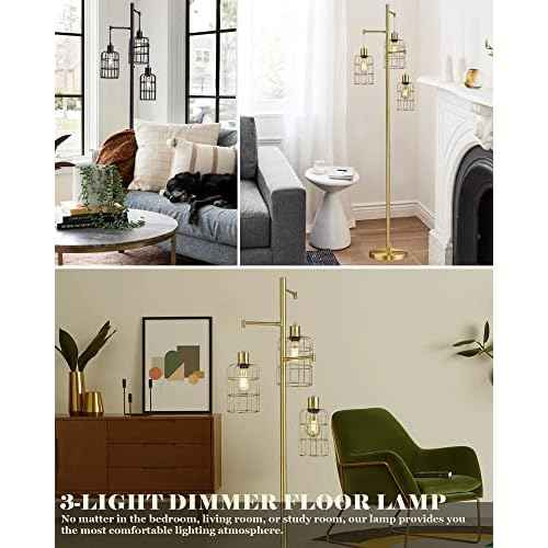 ELYONA Modern Dimmable Floor Lamp for Living Room, Gold Tree Standing Light with 3 Metal Cage Shades, Industrial 71¡± Tall Pole Floor Lamps for Bedroom Reading, Office, LED Edison Bulbs Included