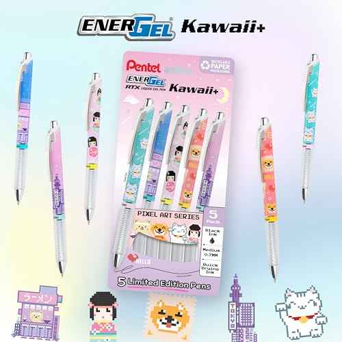 Pentel EnerGel RTX Liquid Gel Pen, Kawaii Tokyo Designs, (0.7mm), Medium Line, Black Ink, Pack of 5 (BL77KWIPF5A)