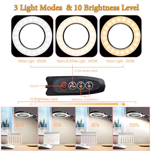 15X Magnifying Glass with Light ? Real Glass Lens, 3 Color Modes & Adjustable Brightness ? 2-in-1 Desk Lamp with Clamp & Heavy Base ? Flexible Swing Arm ? Ideal for Crafts, Reading, Repair, Seniors