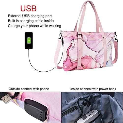 MOSISO USB Port Laptop Tote Bag (17-17.3 inch) with Adjustable Top Handle, Laptop Bag for Women, Polyester Work Travel Office Large Computer Shoulder Handbag Marble MO-MBH216