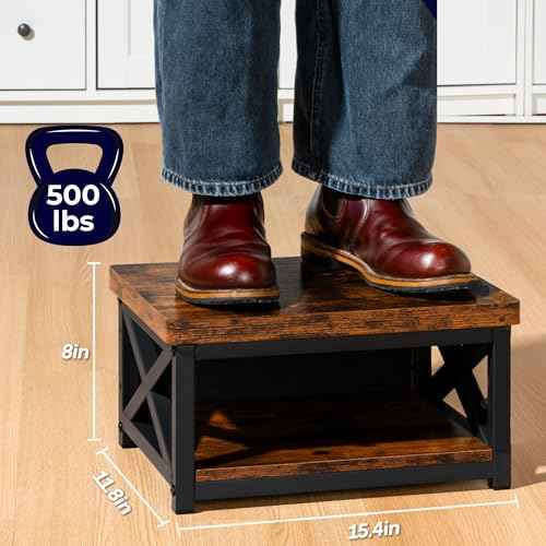 Wooden Step Stool for Adults & Kids with Patented Bottom Shelf ? Anti-Slip Rubber Feet, Heavy-Duty Steel Frame, 500 lbs Capacity ? Bed Step Stool for Adults & Step for Bed ? Rustic Brown